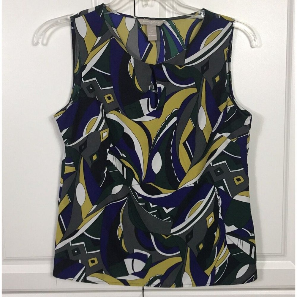 Banana Republic Womens Size PM Top Purple Green Black Abstract Print Sleeveless